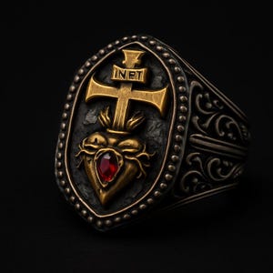 May include: A detailed, antique-style ring with a gold cross and a heart-shaped emblem. The heart features a red gemstone. The ring has an oval face with the inscription "INRI" on the cross. The band is dark with ornate scrollwork.