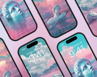 3 Vaporwave Statue Phone Wallpaper | Retro Synthwave Aesthetic Lock Screen | Greek Statue Sunset Background | High Res Digital Download