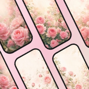May include: Multiple smartphone screens arranged in a pattern against a solid light pink background. Each screen displays a high-resolution digital wallpaper featuring a dense cluster of soft pink roses with green leaves and stems in a garden.