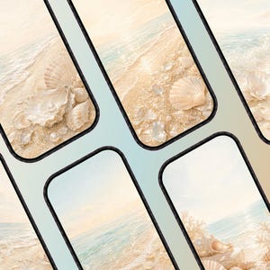 May include: Multiple smartphone screens displaying a digital wallpaper of a sandy beach with ocean waves, scattered seashells, and white pearls. The imagery features a soft color palette of beige, light blue, and white, creating a coastal scene.