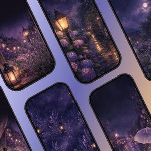 May include: Five smartphone screens displaying digital artwork of rainy night scenes in shades of purple. The images feature glowing lanterns, blooming hydrangea flowers, wet pathways, and a single umbrella, all set under a dark, moody, and atmospheric sky.