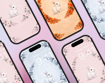 3 Seasonal Bunny Phone Wallpaper | Cute Rabbit Flower Wreath Lock Screen | Spring Autumn Winter Background High Resolution Digital Download