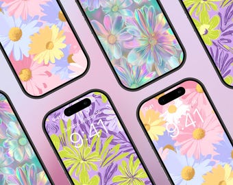 3 Colorful Daisy Phone Wallpaper | Holographic Floral Aesthetic Lock Screen | Retro Flower Background | High Res Digital Download Bundle
