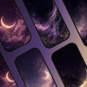 May include: Five smartphone screens arranged in a grid, each displaying a different digital wallpaper. The designs feature deep purple and black night skies, glowing golden crescent moons, swirling ethereal nebula clouds, and silhouettes of wildflowers.
