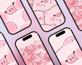 3 Kawaii Pink Pig Phone Wallpaper | Cute Piggy Aesthetic Lock Screen | High Resolution Japanese Style Background | Digital Download Bundle