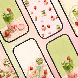 May include: A collection of smartphone screens displaying digital illustrations featuring matcha lattes with strawberry slices, strawberry shortcake slices, and bamboo matcha whisks on checkered backgrounds in shades of pastel pink and light green.