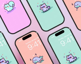 3 Kawaii Animal Phone Wallpaper | Cute Raccoon Squirrel Whale Lock Screen | Pastel Aesthetic Background | High Res Instant Digital Download