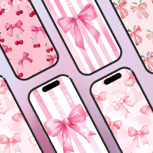 Könnte beinhalten: Mehrere Smartphones mit Designs von rosa Schleifen und Kirschen auf ihren Bildschirmen. Die Bildschirme zeigen Aquarell-Schleifen, Streifenmuster und Kirschillustrationen. Die Uhrzeit 9:41 wird angezeigt.