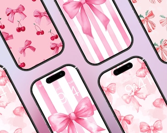 5 Coquette Pink Bow Phone Wallpaper | Cute Pink Ribbon Aesthetic Lock Screen | High Resolution Background | Instant Digital Download