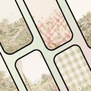 May include: Five smartphone screens displaying digital wallpapers featuring cottagecore aesthetics. Designs include pastoral landscapes with houses, fields of wildflowers, and soft pink or sage green gingham patterns on a light background.