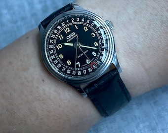 Raro Oris Big Crown Pointer Date / Reloj mecánico suizo de estilo clásico / Esfera original negra y dorada de 32 mm / Reloj de lujo neovintage / Década de 1990