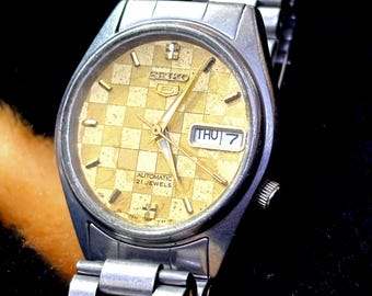 Reloj automático Seiko 5 vintage / 21 joyas / Esfera amarilla / Fecha y día / Reloj de pulsera de acero inoxidable para hombre / Reloj de pulsera retro / Reloj de pulsera unisex