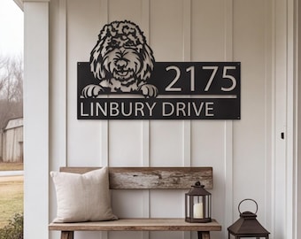 Personalized Goldendoodle Metal Address Sign, House Number Plaque, yard address sign , modern address sign , house sign