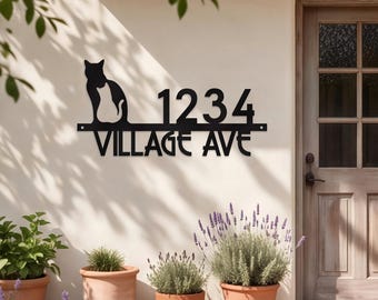 Custom Cat House Number Sign, Personalized Address Plaque, Cat Wall Art Decor, Metal House Numbers, Cat Theme Door Sign
