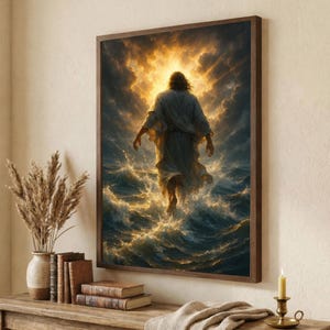 Puede incluir: Una obra de arte enmarcada representa una figura con una túnica blanca caminando sobre el agua, con una luz dorada brillante que emana de atrás. La obra está en un marco de madera oscura, y la escena está llena de nubes y olas dramáticas.