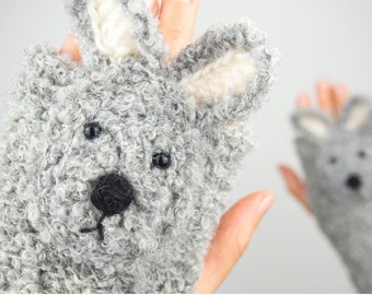 Rabbit / Bunny Fingerless Gloves (Grey/Gray) ~ Handmade ~ Free Shipping Worldwide