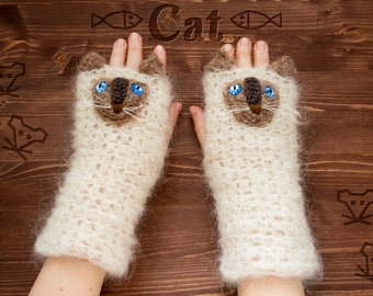 Cat (Siamese) Fingerless Gloves ~ Handmade ~ Free Shipping Worldwide