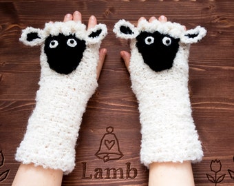 Lamb Fingerless Gloves ~ Handmade ~ Sheep ~ Free Shipping Worldwide