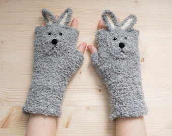 Rabbit / Bunny Fingerless Gloves (Grey/Gray) ~ Handmade ~ Free Shipping Worldwide