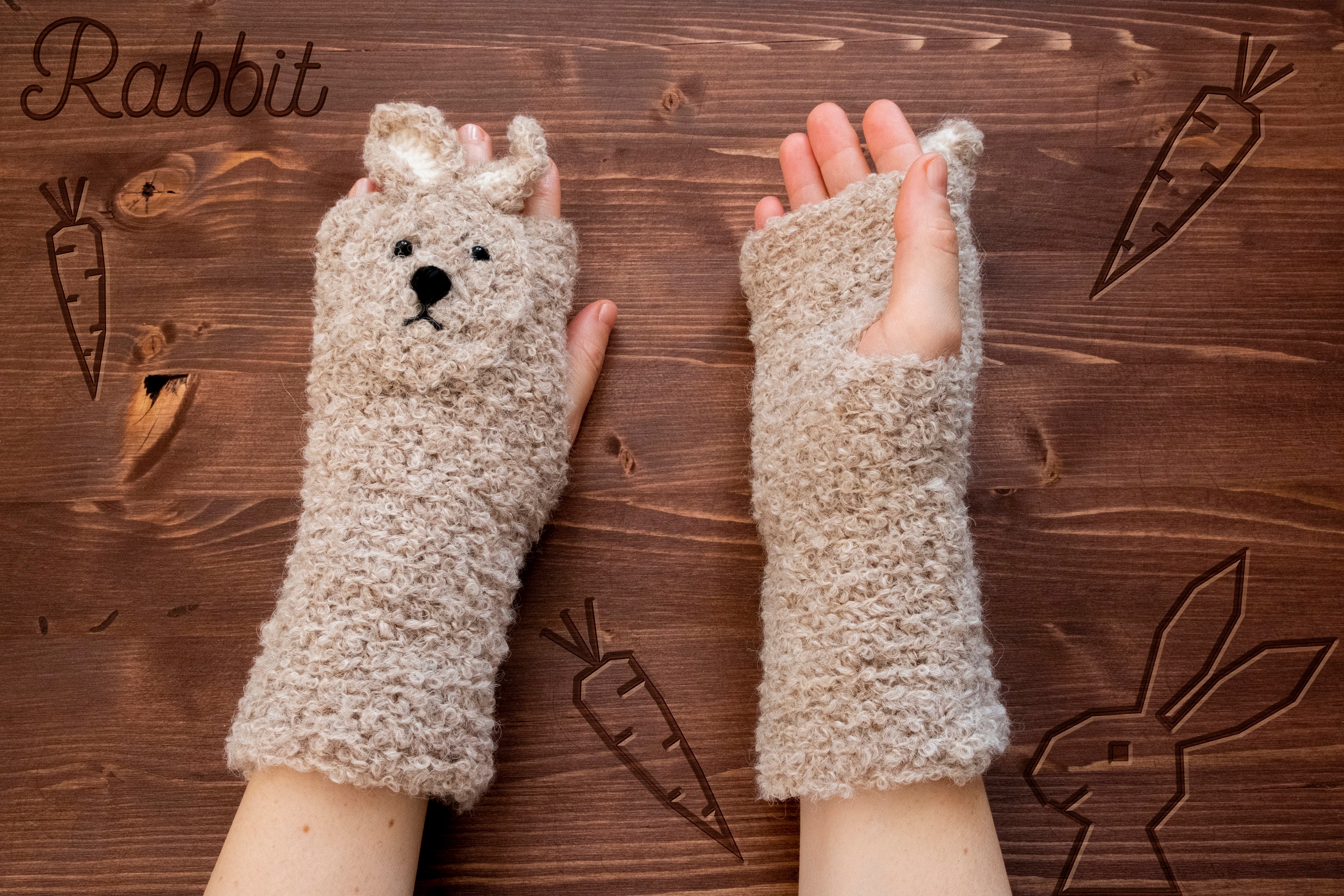Rabbit / Bunny Fingerless Gloves beige Handmade Free Etsy UK
