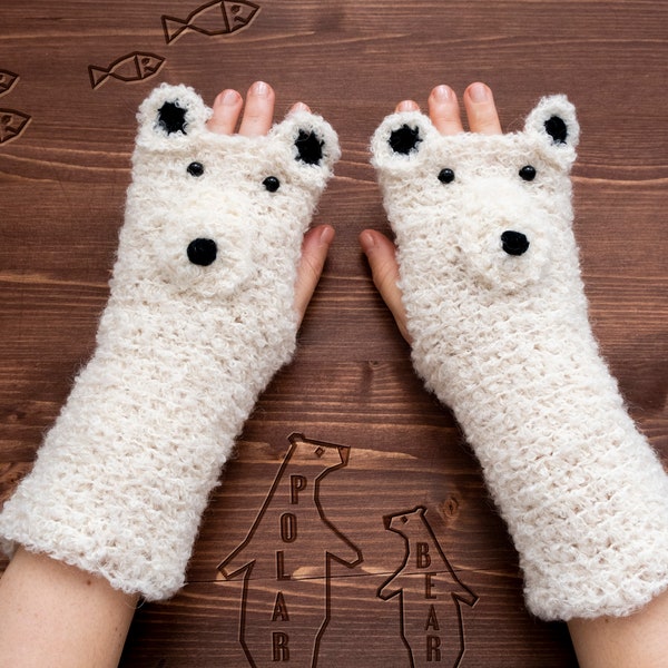 Polar Bear Fingerless Gloves (Boucle) ~ Handmade ~ Free Shipping Worldwide