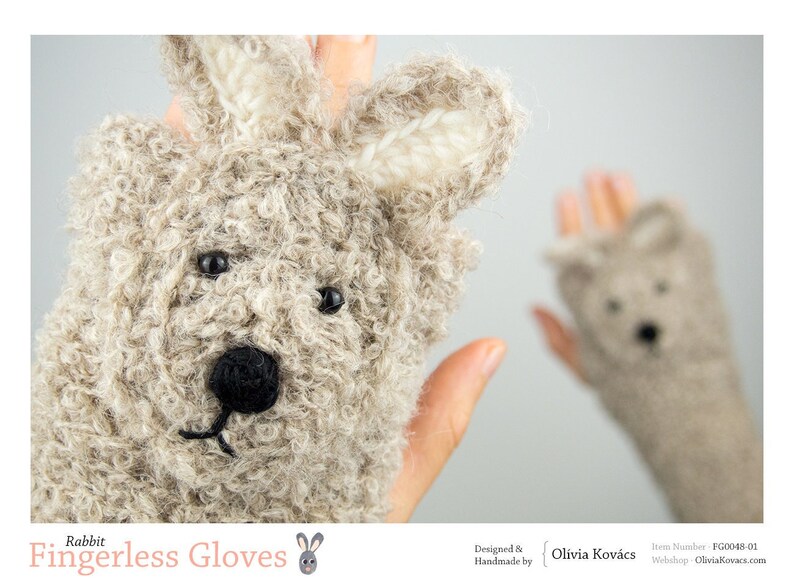 Rabbit / Bunny Fingerless Gloves Beige  Handmade  Free image 1