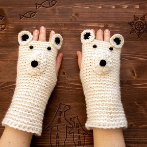 Polar Bear Fingerless Gloves (Wool) ~ Handmade ~ Free Shipping
