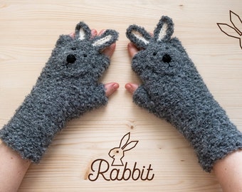 Rabbit / Bunny Fingerless Gloves (Grey/Gray) ~ Handmade ~ Free Shipping Worldwide