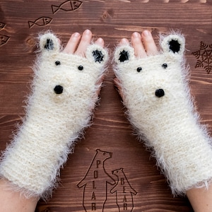 Polar Bear Fingerless Gloves (Glittering) ~ Handmade ~ Free Shipping