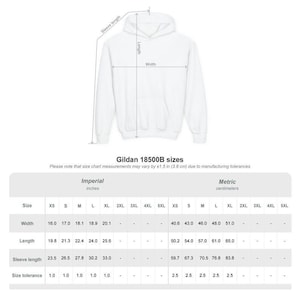 May include: A white hooded sweatshirt with a front pocket, displayed with size chart measurements in inches and centimeters. The chart details width, length, and sleeve length for various sizes, including XS to 5XL. The text "Gildan 18500B sizes" is also visible.