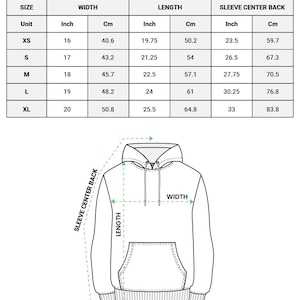 May include: Diagram of a youth hoodie with measurements in inches and centimeters. The chart shows sizes XS to XL, with corresponding width, length, and sleeve center back measurements. Text at the top reads "YOUTH HOODIE (MADE IN US)".