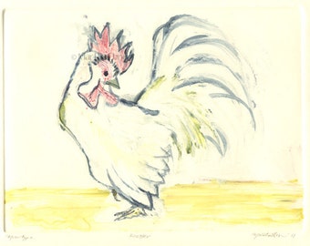 Rooster Print Monotype with Yellow and Red