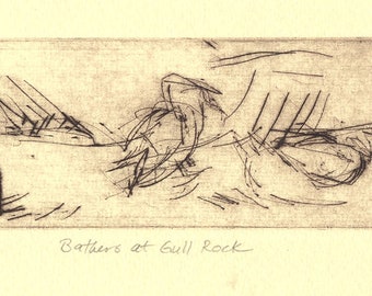 Etching Drypoint Bird Print, Bathers at GULL ROCK