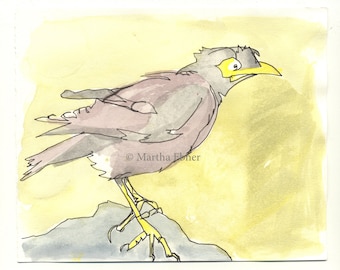 Mynah Bird Watercolor Drawing with Yellow Background