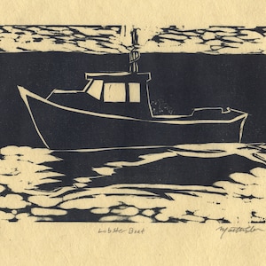 Lobster Boat Woodcut Print of Maine &quot;Lobster Boat&quot; on Monhegan Island