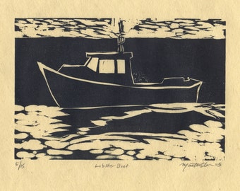 Impression de gravure sur bois de homardier du Maine « Lobster Boat » sur l'île de Monhegan
