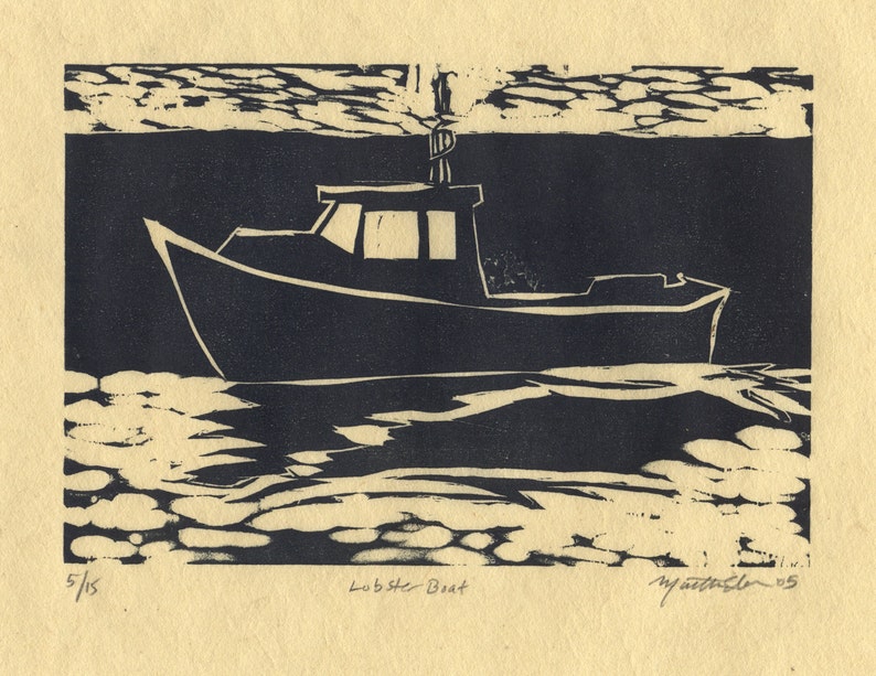 Lobster Boat Woodcut Print of Maine Lobster Boat on Monhegan Island imagem 1