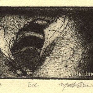 May include: Black and white abstract print of a bee, titled "Bee" and signed "Martha Ebner" with the date "November 03". The print is numbered 8/22.