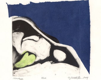 Monotype Print, Bird skull, BLUE, Handmade