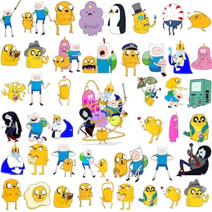 May include: A collection of cartoon character illustrations from the animated series Adventure Time. The characters are in various poses and include Finn, Jake, Princess Bubblegum, Ice King, and others. The illustrations are in bright, primary colors.