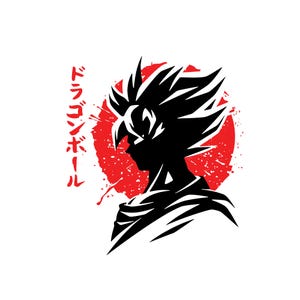 May include: Black silhouette of a character from Dragon Ball Z against a red, splattered circle. Japanese text is on the left. The character's spiky hair and profile are prominent against the white background.