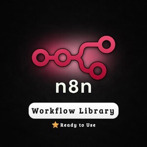 May include: A graphic with a dark background features a stylized, interconnected design in shades of red. The word "n8n" is displayed in white, below which is the text "Workflow Library" in a white rectangle. A gold star and the words "Ready to Use" are below.