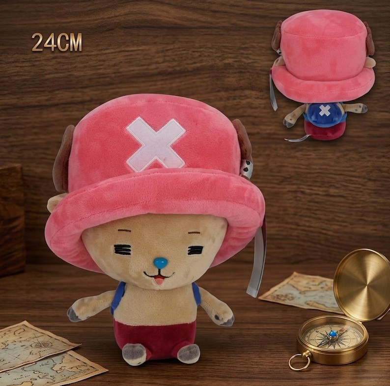 May include: A plush toy of a cartoon character, approximately 9.4 inches tall, with a pink hat featuring a white cross. The character has tan fur, a blue nose, and is wearing a blue and red outfit. A compass and map are in the background.