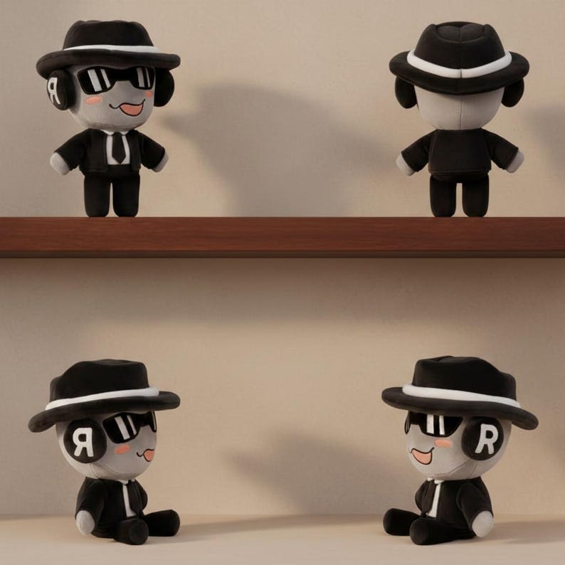 May include: Four plush dolls are arranged on a shelf. Each doll is gray with a black hat, sunglasses, and suit. The hats have a white band and the letters "R" or "Я" on them. The dolls are in various poses.