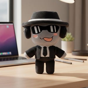 May include: A plush toy character wearing a black fedora hat, sunglasses, and a black suit with a tie. The character has a gray face with a smiling expression and pink cheeks. The toy is standing on a wooden desk.