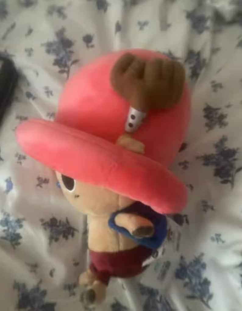 May include: A plush toy of a character with a large pink hat and brown antlers. The character has a tan body, red shorts, and a blue backpack. The toy is on a floral patterned surface.