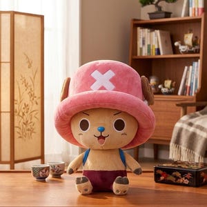 Puede incluir: Un peluche de un personaje de dibujos animados con un sombrero rosa con una cruz blanca, cuernos marrones y ojos grandes y redondos. El personaje tiene un cuerpo color canela, tirantes azules y pantalones cortos granates. Un objeto de colección.