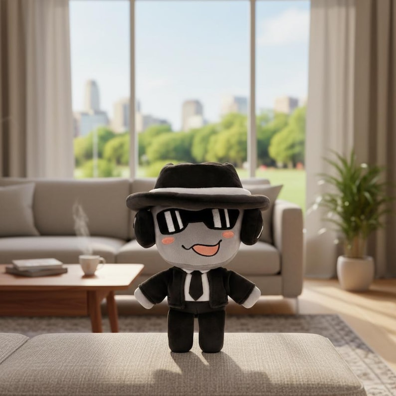 May include: A plush toy in a black suit, tie, and fedora with sunglasses. The toy has a gray face with a smiling expression and pink cheeks. The background shows a living room with a couch, coffee table, and a view of a city.