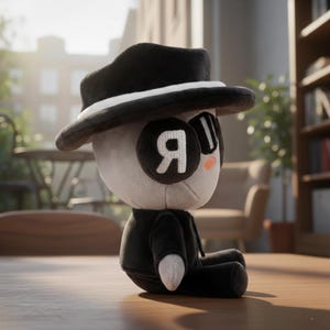May include: A plush toy character with a black hat, white band, and black jacket. The character has a white face with black eye patches and the letter "Я" on one eye. The toy is sitting on a wooden surface.
