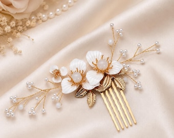 Goud witte bloemen haarkam pareltak bruids bruiloft hoofddeksel opgestoken accessoire bruid cadeau